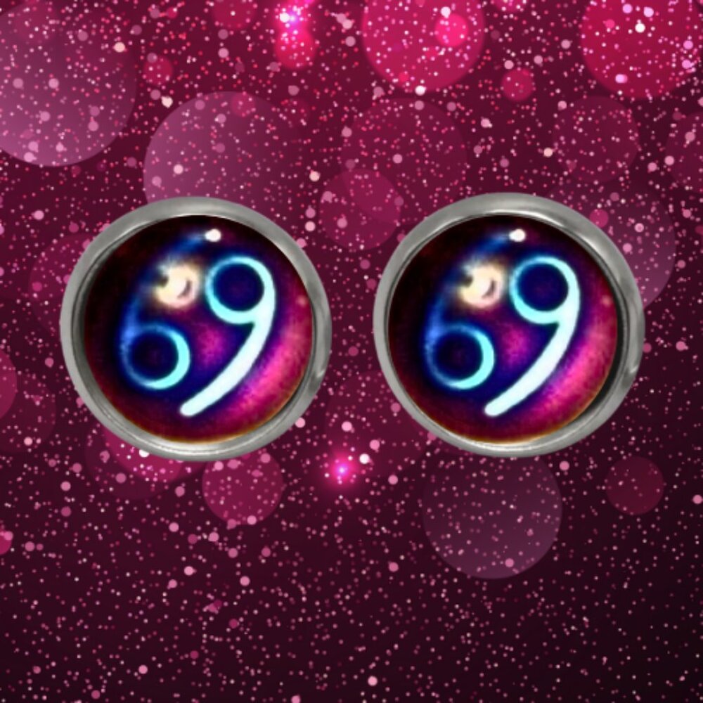 BLUE-PURPLE CANCER SIGN ZODIAC CABOCHON EARRINGS